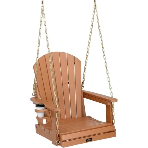 VINGLI Classic Heavy-Duty HDPE 1-Person Swing Chair, 880 lbs Capacity, Rustproof, Sturdy, Rotatable Cup Holder, Adjustable Chains, All Seasons, Assembly Required, Fire Safety Label (Teak, Floor-Mounted None Option) for Patio, Porch/Yard Fit