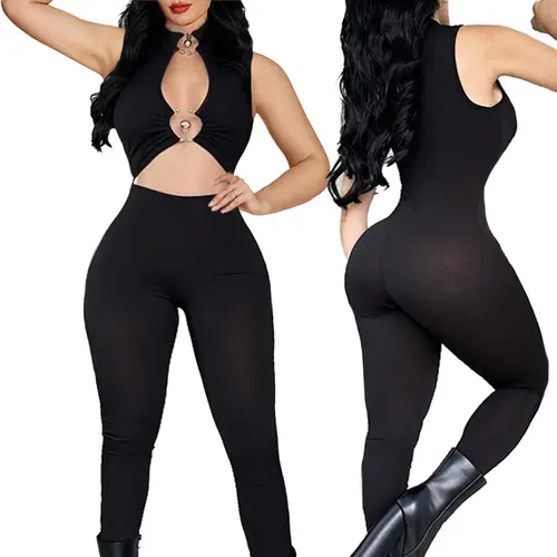 Women's Solid Color Sleeveless High-Waist Ruched Body-Fit Elasticity Jumpsuit - Sexy Hollow Belly-Exposed Sporty Chic Yoga Pilates Gym Outfits, Women's Fashion Activewear, Overalls Suit Womenswear Rompers