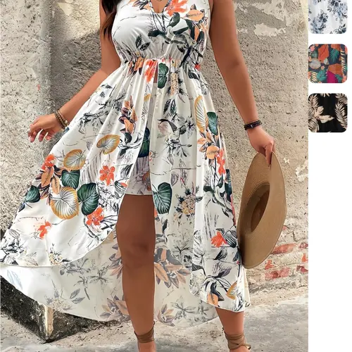 【Plus Size】 Two-piece Set Floral Print Split Hem Top & Shorts Set Sleeveless, Boho Casual Two-piece Outfits for Beach Vacation Holiday, Women's Clothes for Summer, Bohemian, Fashion Style Sets, Womenswear