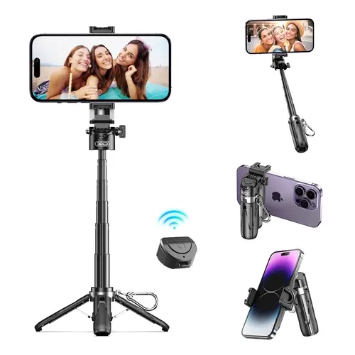 4-In-1 Multifunctional Mini Bluetooth Selfie Stick - ABS Alloy-Aluminium Detachable Tripod, Silicone Clip Holder, Camera Aid, Foldable 1-Key Open Live Streaming Kit for Content Creators, Cellphone-Smartphone Devices Accessories