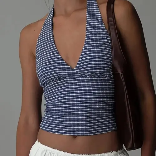 Women's Striped Print Backless Sleeveless Ruched Halter Crop Top, Casual Chic Sleeveless Elegant Sexy Top for Summer, Women's Clothing for Daily Wear, Plunge Neck Top, Casual Fitted Sleeveless, Halter Neckline Top, Halter Neck Design