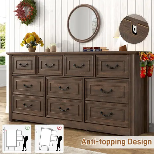 Retro Rustic Farmhouse Wooden Clothes Storage Cabinet - 63/47.2in Height Rectangle Bedroom Dresser with 10/7 Drawers, Retro Handles, Easy Pull Leg Design, Apartment Furniture (Video Assembly Aid, Assembly Required)
