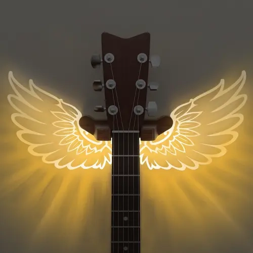 Luminous Angel Wings Guitar Hanger,LED Guitar Wall Mount Stand, Wooden Acrylic Guitar Holder Shelf, Wall Mount for Acoustic Electric Bass Ukulele, Room Decor, Gift for Music Lovers, Birthday Christmas Gift Lighting