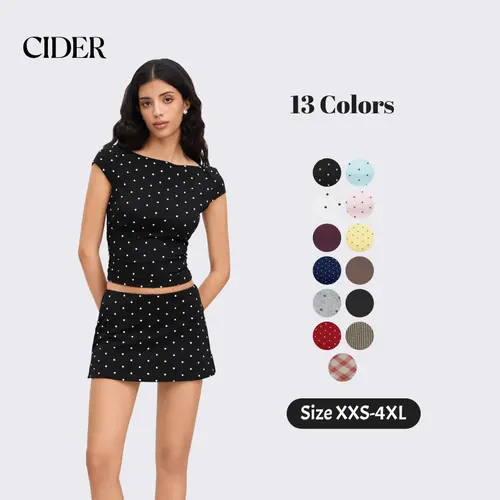 Cider Cotton-blend Boat Neck Polka Dot Ruched Tee & Mini Skort