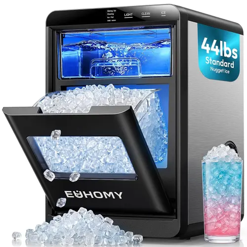 EUHOMY Compact Plastic Countertop Ice Cube Maker - 44lbs/day Fast & Endless Supply, 1.8L Self-Cleaner, Scoop, Basket, Light Display, Compact Design & Reliable Support for Home Use (Black)