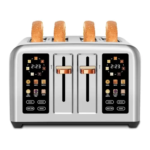 SEEDEEM Silver Metallic 4-Slice Modern Smart Toaster, Stainless Steel Kitchen Appliance with Dual Control Touch Screen, 6 Bread Types, Digital Timer, 7 Shade Settings, 1.5'' Wide Slots, Removable Crumb Tray, Lift-Lever Eject, 1800W Durable Multifunction