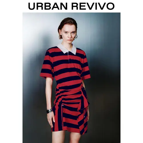 URBAN REVIVO Women's Striped Cotton Blend Straight Dress - Shortsleeve, Irregular Hem, Elegant, Fashionable, Trendy, 2025 Versatile Casual 1-Piece Everyday Womenswear OOTD summerwins,UWJ750051