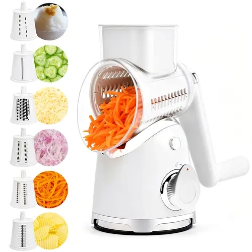 SUSTEAS New 18/10 Stainless Steel Rotary Grater - 6-Blade Vegetable Slicer Dicer, Durable ABS Body, Secure Suction Base, Larger Feed Chute, Smooth Pusher, Easy Rinse Detachable Parts, Neat Storage Box, Kitchen Utensil for Almonds (Birthday Gift Option)