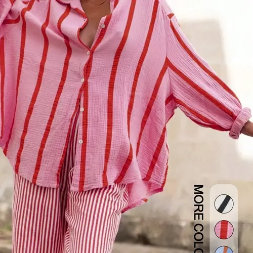 Women's Striped Print Loose Fit Oversized Baggy Blouse Shirt, Casual Elegant Long Sleeve Top for Daily Wear, Chic Casual Top, Ladies Clothes for Spring & Summer, Womenswear, Day