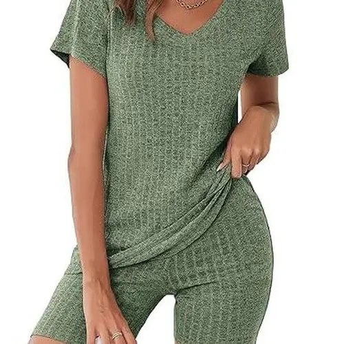Ekouaer Women's Maternity Apparel 2-Piece Ribbed Lounge Set - V-Neck Top with Modern Lift, Slim-Flattering Silhouette, Stretchy Breathable Knit Biker Shorts, Mix & Match for Casual Daily Dates Club Use