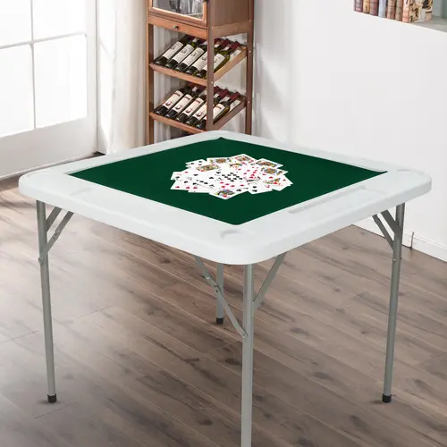 PEXMOR Sturdy 35" Foldable Square 4-Player Mahjong Table, Portable PE Board Game Table with Cup Holders, Chip Trays, Triangular Support Hinge, Honeycomb Structure, Easy Setup for Home Game Nights, Blackjack, Ages 12+, 265 lbs Capacity