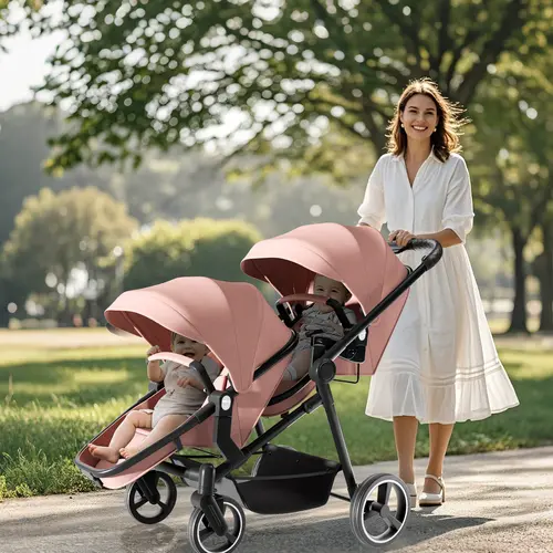 Scabine 2-in-1 Twin Baby Stroller for Newborn & Toddler, Convertible Double Bassinet Pram with PU Wheels, Shock Absorption, Reversible Seats, Adjustable Canopy, 5-Point Harness