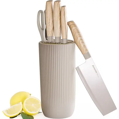 Astercook 6-Piece High Carbon Stainless Steel Kitchen Knife Set with Scissor & Beige Universal Knife Block - Durable, Rustproof, Scratch Resistant, Sharp, Ergonomic Cutlery for Chefs, Dishwasher Safe for Easy Use