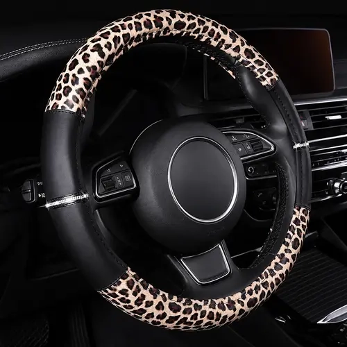 AUTOYOUTH Women's Leopard & Cheetah Print Bling Crystal Rhinestone Leather Steering Wheel Cover - Non-Slip, Breathable, Comfortable Grip, Reduced Hand Fatigue, Universal 14.5-15 in (Black & Yellow) - Girly Car Decor, Car Accessories, Steeringwheelcover, A