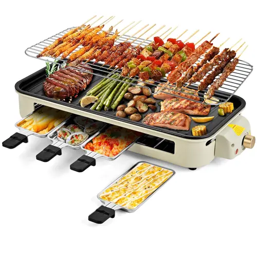 Pukomc Upgraded 1500-Watt Corded Indoor Smokeless Electric Korean BBQ Grill - 22.5x10x3.5in Rectangular Non-Stick Removable Cooking Plate, Constant Temperature Control, Dishwasher Safe, Portable for Couples/Individuals, Multi-Cooking (Grill, Roast, Fry)