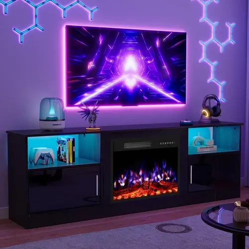 PUKAMI 70" Multifunctional LED TV Stand with 23" Electric Fireplace, High Gloss Storage Cabinet Entertainment Center for Living Room (Fits TVs Up to 80 in), Led Tv Stands