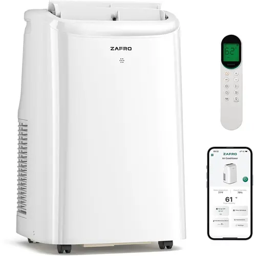 ZAFRO Portable Air Conditioner - 12000 BTU (8000 BTU SACC), 4-Speed Fan, 61-86°F Adjustable Temp, 45dB Sleep Quiet, WiFi Remote Control, APP Control, 24H Timer, Intuitive LED Display, Dehumidifier, Washable Filter, Quick Setup for Bedroom, Office
