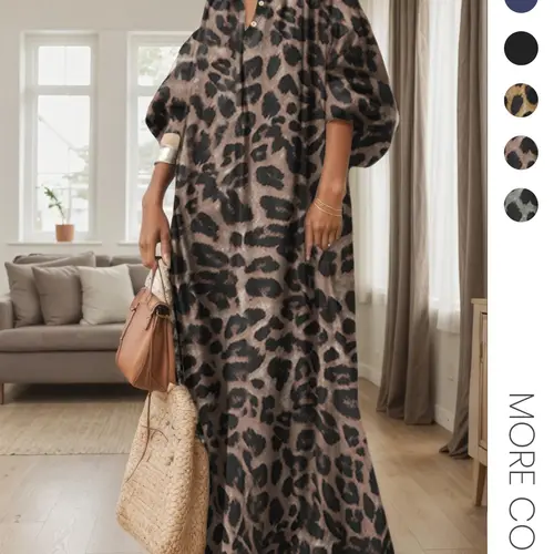 Women's Casual Boho All-Over Leopard Print Dress, Boho Style Womenswear, Street Long Dress for Vacation Wear, Ladies Clothes for Daily Wear, Casual Comfy Chic, Casual Boho Elegant, Casual Fashion Wear