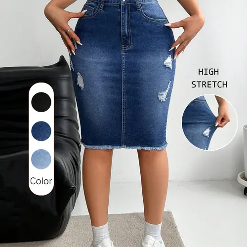 Women's Casual Button Slim-Fit Ripped Dark Wash Denim Skirt, High-Waisted Knee-Length with Pockets, All-Season Fashion for Daily Wear Bottom