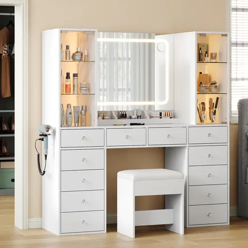 [Shipping by 2 Packages] FUSOU 55'' Rectangular Sturdy LED Luxury Makeup Vanity Set with Mirror - Glass Top Dresser, 12 Drawers, Charging Station, 2 Glass Cabinets, Chair, 3 Lighting Modes, Adjustable Brightness for Bedroom Decor, Makeup Organization