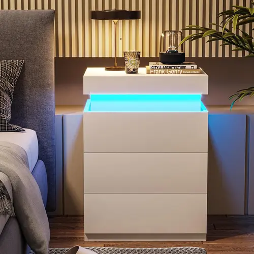 Sikaic Nightstand with Charging Station and LED Lights, White Bedside Table with Sliding Top Drawer and Storage Drawers, Modern Night Stand End Side Table for Bedroom Tabletop Design, Home Furniture Christmas Gifts cozy home familyfun [TikTokShopblackfrid