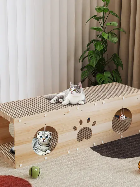 Summer Vibes IRONCK 39" Durable Wood Multi-Use Cat House - 2-in-1 Indoor Pet Furniture with Scratcher Board, Vertical Scratcher, Ball Toy, Pre-Cut Panels & Large Space for Play & Rest (Kitten Bed & Playhouse) Scratching Posts