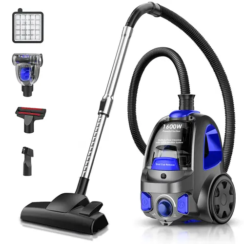 VICEASE Corded Canister Vacuum Cleaner - Lightweight Portable Canister Vacuums, 32kPa Suction Power, 1600W Motor, 68dB Quiet Run, US Plug, H13 HEPA Filter, 3.7Qt/3.5L, Dust Full Indicator, 5 Tools, Bagless & Washable Design for Hard Floors & Carpet