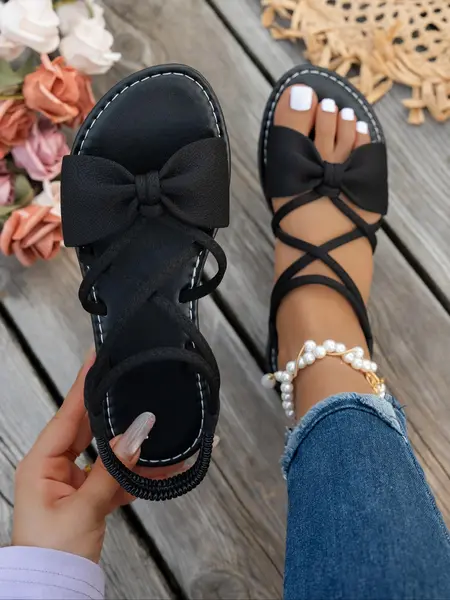 Women's Fashionable Bowknot Design Cross Band Sandals, Casual Comfortable Breathable Sandals for Beach, Fashionable Shoes for Daily Wear, Summer, Casual Fashion Footwear, Fashionable Flat Rubber Sandals