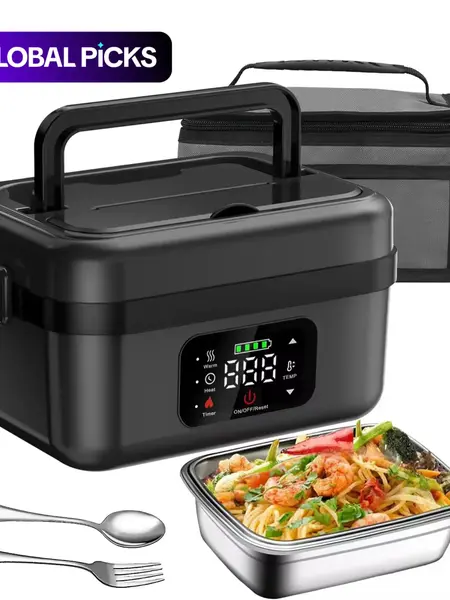 Cordless Rechargeable Self-Heating Electric Lunch Box with Timer, 1L Portable Durable Solid Plastic Food Warmer, Heated Lunchbox for Adults Work & Travel, High-Quality Plastic Heated Lunch Boxes #GLOBAL PICKS