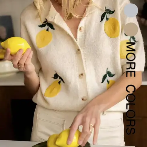 Women's Lemon Embroidery Cardigan, Casual Short Sleeve Knitwear for Daily Wear, Ladies Knit Top for All Seasons, Casual Fashion Knitwear
