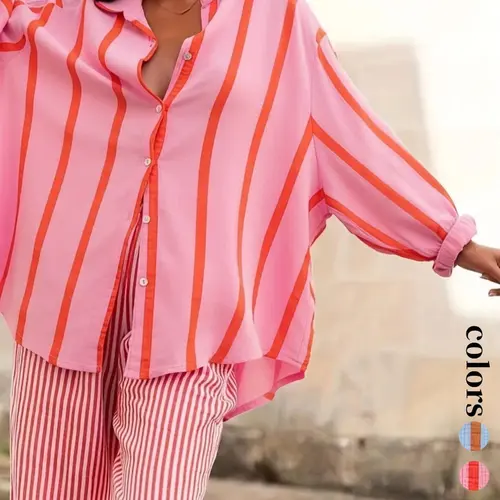 Women's Striped Print Long Sleeve Shirt, Button Up Blouse, Elegant Casual Button Front Top for Daily Wear, Ladies Clothes for All Seasons