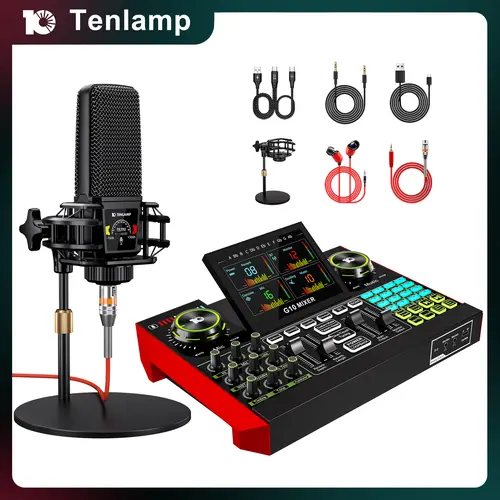 Tenlamp G10-PK PRO Mixer Sound Card Kit, Custom Sound Effects, with Condenser Microphone, for Live Streaming, Gaming, Singing Podcast Equipment, 2-Level Noise Reduction, Computer Audio Mixer