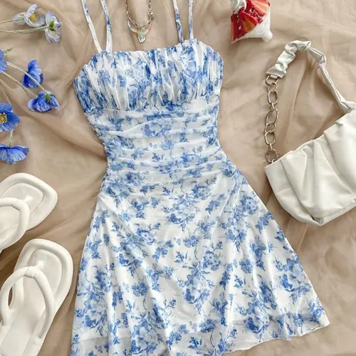 Women's Floral Print Dress, Boho Chic Style Fashion Casual Spaghetti Strap Sleeveless Short Dress for Beach Holiday Vacation, Ladies Summer Clothes, Casual Beach Sundress, Bohemian, Casual Boho Elegant, Casual Boho Fit