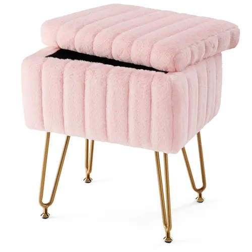 Vanity Stool Chair with Storage, Ottoman Faux Fur Soft Padded Makeup Footstools Seat with 4 Metal Legs Anti-Slip Adjustable Feet