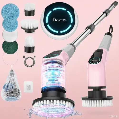 【Dovety】 Cordless Power Scrubber - Rechargeable Handheld Electric Spin Mop with Type-C Charger, 8 Replaceable Heads, 3 Adjustable Extendable Rods, Dual Speeds, Effortless Grout Scrubbing, Perfect Gift for Family Parents (Bathroom, Kitchen Use)