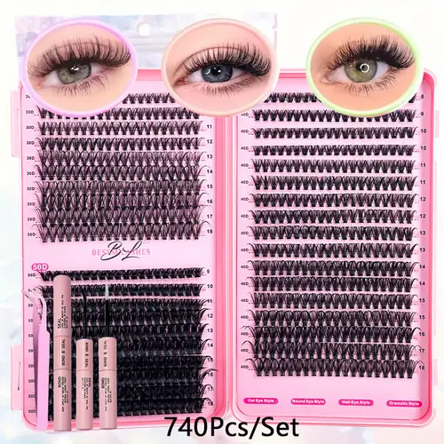 740pcs Natural Makeup False Eyelash Set With Tweezers Glue 2 In 1 Spiral Brush Mixed Lash Cluster Kit DIY Eyelashes Extension Volume Thick Clusters Lashes