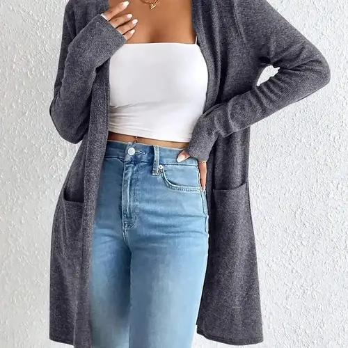Women's Solid Long Sleeve Fitted Longline Cardigan, Elegant Fashion Casual Knitwear for Daily Outdoor Wear, Autumn Winter Wear, Women Knitting Clothing for Fall & Winter, Lady Tops, Womenswear