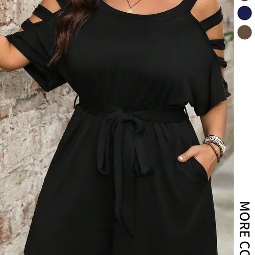 【Plus Size】 Solid Color Romper, Casual Pocket Romper for Summer, Women's Clothes for Daily Wear