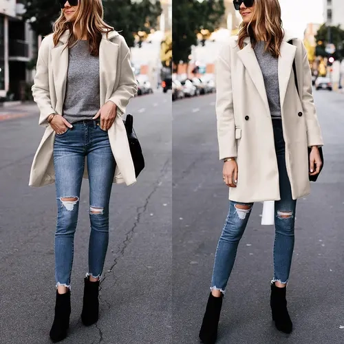 Ommig Women's Chic Wool-Polyester Blend Preppy Style Blazer Coat, Cute Single-Breasted Long-Sleeve Outerwear with Notched Lapel & Buttons for Casual Work or Party Clothes