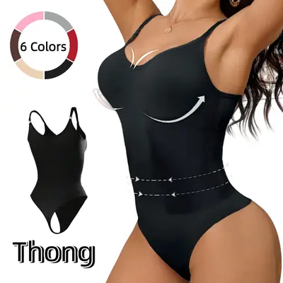 SummerVibes Women's Seamless Spaghetti Strap Thong Bodysuit - Light, Chic, Smooth Soft Knit 4-Way Stretch Fabric, Adjustable Straps, Tummy Control Compression Shapewear, Breathable Ribbed Bottom, Bra-Friendly Scoop Neck Top, Activewear, Casual Wear, Black