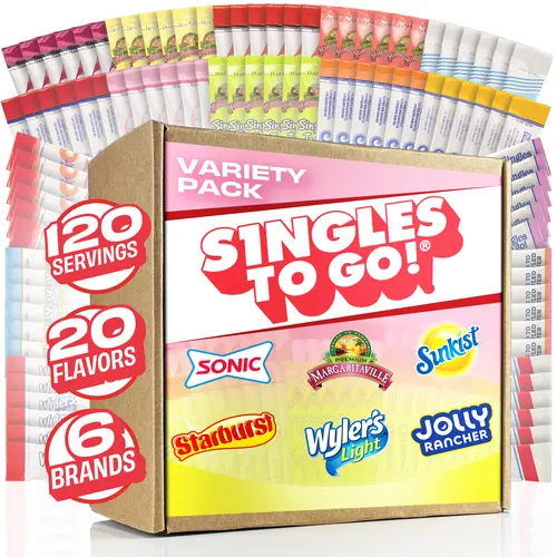 SINGLES TO GO Sugar-Free Powdered Drink Mix Variety Pack - 120ct, 20 Flavors, Flavor Packets for Water, Drink Packet Flavoring Powder, All Ages Easy-to-Try Bulk Bundle Trial Box