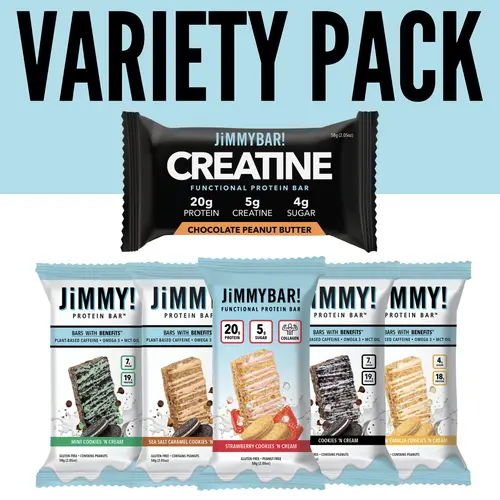 JIMMYBAR! Protein Variety Pack - 20g Protein, Creatine, Collagen, Caffeine, Omega-3s, MCT Oil for Brain Health, Real Peanuts, Chocolate, Strawberry, Vanilla, Caramel Option, Low Salt, Low Sugar, Milk Protein natural snack bar,summerwins