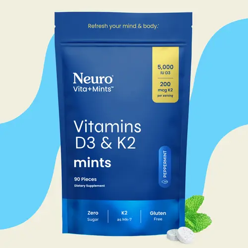 Neuro Peppermint Vitamin D3+K2 Mints for Bone, Immune & Mood Support (90 Pieces) - Sugar Free 5,000 IU Vitamin D3 & 200mcg K2