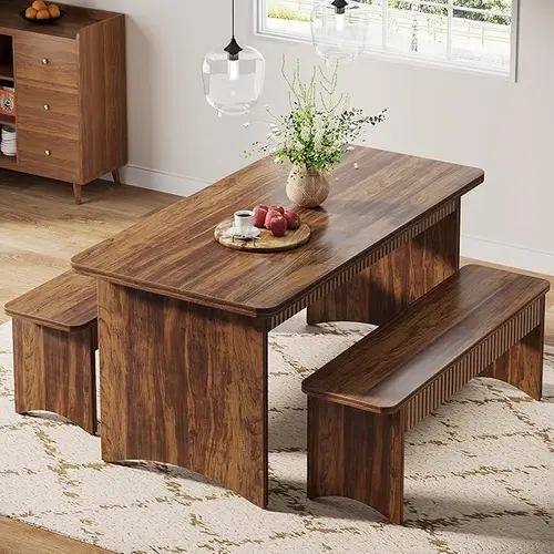 Tribesigns 3-Piece Dining Table Set 55" Rectangular Table with 2 Benches for 4-6 People Rustic Brown Farmhouse Style Engineered Wood Dining Room Set