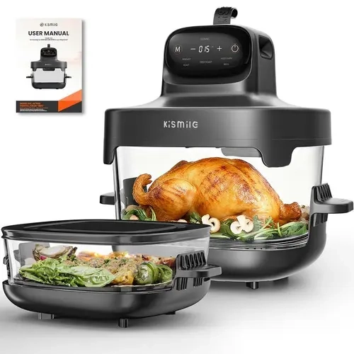 Kismile 5-in-1 Air Fryer Glass Fryer Cooker - 4.5QT Large Bowl, 2.6QT & 1.8QT Small Bowls, 1500W Turbo Heater, DIY Temp & Time, 95% Less Oil, PFAS-Free Glass, Dishwasher Safe, Bake/Roast/Keep-Warm Ready, Dorm Countertop Kitchen Appliance
