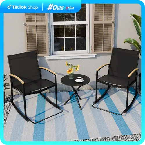 Walsunny Outdoor Rocking Patio Chairs Set of 2 Modern Chairs & 1 Round Side Table All Weather Resistant Garden Backyard White Sturdy Durable Structure Breathable Fabric Comfortable Convenient Easy Assembly Black