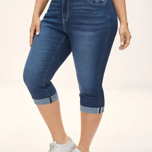 Tummy Control Butt Lifting Fitted Cropped Denim Jeans - Skinny Slim Curvy Bottom Clothes, Midblue/Darkindigo Below-Knee Capris, Whiskered Wash, Butt-Lifting, Slanted Pockets, Zipper Closure, 2026 Spotlight,Deals for You Days Streetwear Womenswear