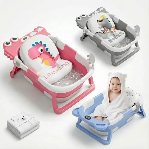 MoreFeel PP+TPE Single Collapsible Baby Bath Tub Set (0-3 Years) - Baby Shower Essential Gift, Real-Time Temperature Sensor, Floating Support Cushion, Swing Seat, Comfortable Padding, Bathroom/Camping Use, Characters