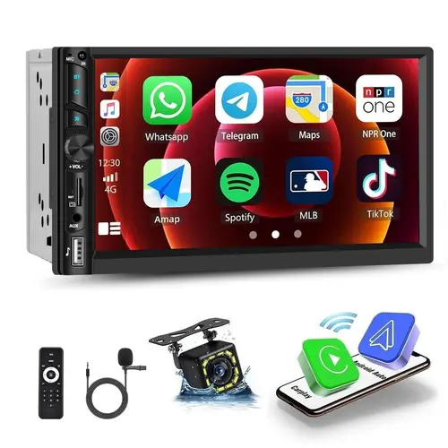 7-in IPS Touch Screen Double Din Wireless CarPlay Android Auto Car Media Player - Auto Radio with YouTube Playback, WiFi GPS, FM, Hands-Free Bluetooth, MirrorLink, Rear View Camera Input, EQ, USB, Aux Input, SWC, MIC, Vehicle Accessory, Father's Day Gift