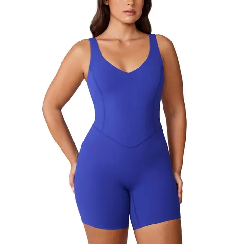 UNISSU Women's Hugcurve V-Neck Workout Romper Jumpsuit - Sporty Yoga Activewear with Removable Pad Shorts
